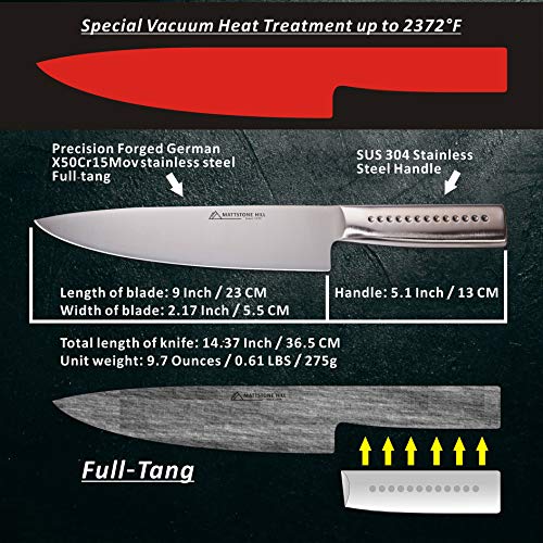 Chef Knife - MATTSTONE HILL 9 Inch Professional Kitchen Knife, German Steel Ultra Sharp Chefs Knife, Vegetable Knife, 304 Stainless Steel Handle