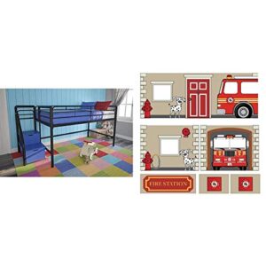 dhp junior twin metal loft bed with storage steps, space-saving solution, multifunctional, black with blue steps & fire department design curtain set for junior loft bed, kids furniture, blue