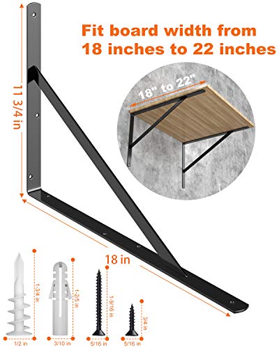 LuckIn 8-Pack Heavy Duty Shelf Bracket, 18 Inch Wall Shelf Brackets with 90 Degree Triangle, 250 LBS Max Load, Mounting Hardware Included, Black