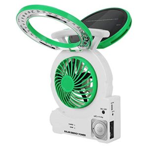 rerbo multi-function solar fan with radio/mp3/table lamp/torch/cell phone charging portable emergency outdoor electric fan for camping fishing and hurricane (green)