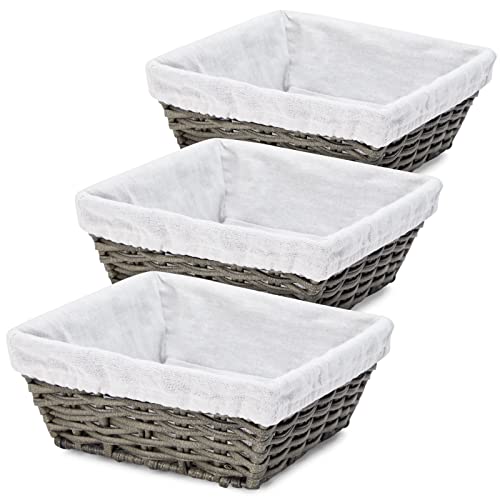 3-Pack Square Wicker Storage Baskets with Liners with Cloth Lining, Small Woven Bins for Organizing Kitchen, Pantry Shelves, Bathroom, Laundry Room, Closet (9x4 in)