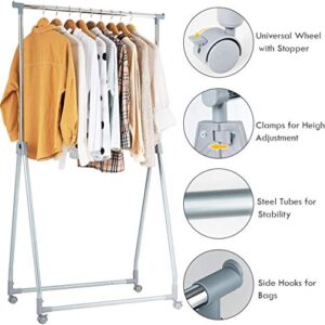 LDAILY Moccha Extendable Garment Rack Clothes Rail, Heavy Duty Foldable Clothes Laundry Drying Rack with Adjustable Hanging Rod Rolling Casters, Movable Clothes Hanger for Home Office Store Market