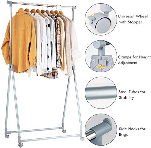 LDAILY Moccha Extendable Garment Rack Clothes Rail, Heavy Duty Foldable Clothes Laundry Drying Rack with Adjustable Hanging Rod Rolling Casters, Movable Clothes Hanger for Home Office Store Market
