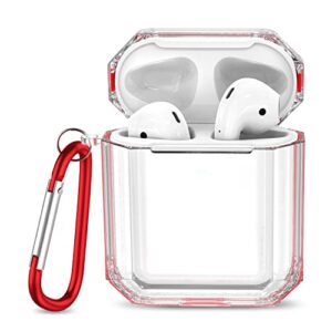 fitlink case for airpods 2&1, anti-scratch shock-absorption soft tpu crystal clear case cover for apple airpods 2&1 in charging case with carabiner (airpods with wireless charging case, red)