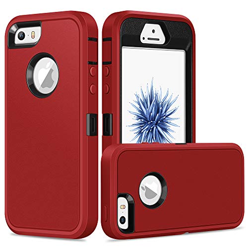 Jelanry iPhone 5S Case Heavy Duty Armor for iPhone 5 Dual Layer Protective Shell iPhone SE 2016 Case Shockproof Sports Rugged Phone Case Anti-Scratches Cover Non-Slip Bumper Hybrid Case Red