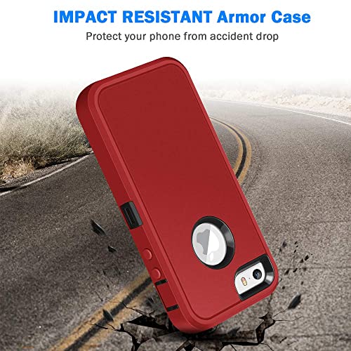Jelanry iPhone 5S Case Heavy Duty Armor for iPhone 5 Dual Layer Protective Shell iPhone SE 2016 Case Shockproof Sports Rugged Phone Case Anti-Scratches Cover Non-Slip Bumper Hybrid Case Red