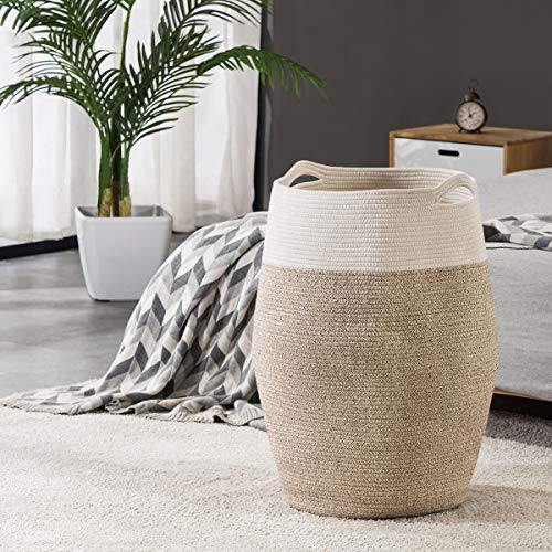 Cotton Rope Laundry Hamper by YOUDENOVA, 105L - Woven Collapsible Laundry Basket - Clothes Storage Basket for Blankets, Laundry Room Organizing, Bedroom Storage, Clothes Hamper – Brown & White