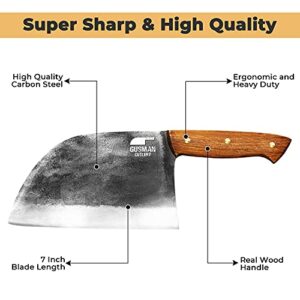 GUSMAN CUTLERY Serbian Chef Knife - Heavy Duty Butcher Knives Set Professional Carbon Steel Cleaver Knife w/ Sheath Rustic Full Tang Big Camp Bone Chopper for Men BBQ Cutting Kitchen Cooking Chopping