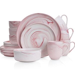 Stone Lain Marble Porcelain Dinnerware Set, 16 Piece Service for 4, Matte Pink