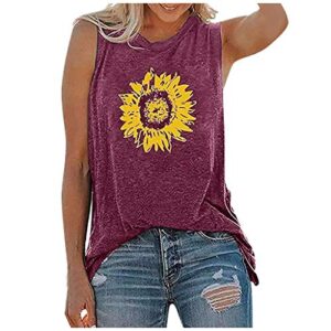 bpszd womens sunflower pattern loose ladies summer round neck sleeveless t-shirt