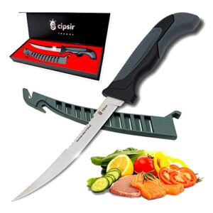 meat and fish fillet knife - curved salty water resistant german steel 7 inch blade with sheath, sharpener and gift box, ideal for filleting and deboning indoor or outdoor.