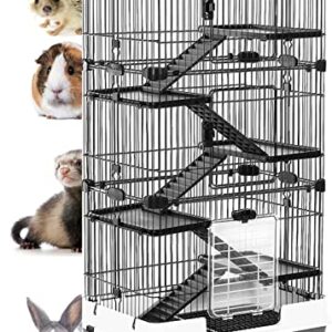 Extra Large Multi-Levels Indoor/Outdoor Small Animal Rabbit Bunny Guinea Pig Hedgehog Ferret Cat Chinchilla Squirrel Habitat Cage with Pull Out Tray Rolling Wheels (32" L x 21" W x 58" H, Black)