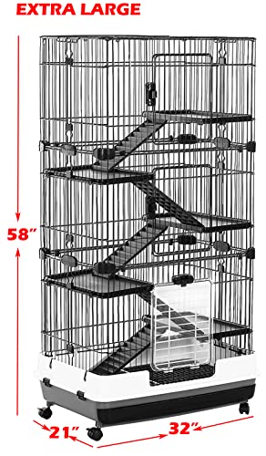 Extra Large Multi-Levels Indoor/Outdoor Small Animal Rabbit Bunny Guinea Pig Hedgehog Ferret Cat Chinchilla Squirrel Habitat Cage with Pull Out Tray Rolling Wheels (32" L x 21" W x 58" H, Black)