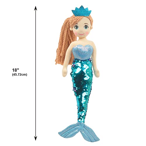 Linzy Toys, 18'' Perla Mermaid with Reversible Sequin Tail,Rag Doll, Light Blue, Mermaid Toys for Little Girls, Sirenas para Ninas, Princess Plush Doll First Doll for Baby(89001)