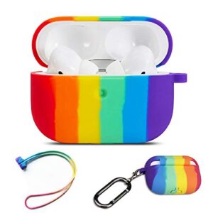 cute colorful case for airpods pro,rainbow pattern soft silicone protective case with anti lost rope for airpods pro 2019,rainbow colors protective cover for airpods pro
