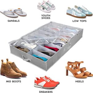 Under Bed Shoe Storage Organizer - TEAR-RESISTANT Heavy Duty 600D Material - Shoe Organizer Under Bed - Fits Men's and Women's Shoes, High Heels, and Sneakers - Up to 16 Pairs - Extra-Strong Zipper - Grey - Perfect for College Dorms