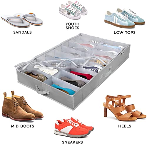 Under Bed Shoe Storage Organizer - TEAR-RESISTANT Heavy Duty 600D Material - Shoe Organizer Under Bed - Fits Men's and Women's Shoes, High Heels, and Sneakers - Up to 16 Pairs - Extra-Strong Zipper - Grey - Perfect for College Dorms