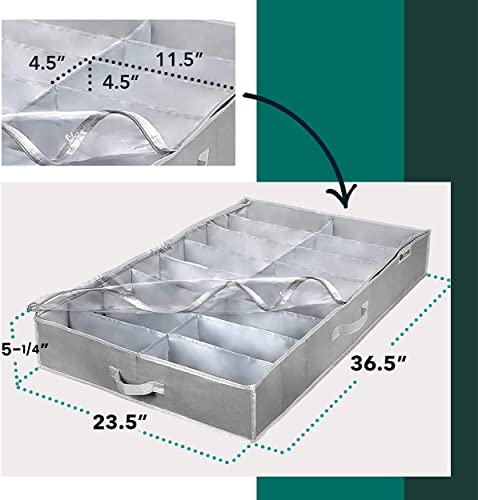 Under Bed Shoe Storage Organizer - TEAR-RESISTANT Heavy Duty 600D Material - Shoe Organizer Under Bed - Fits Men's and Women's Shoes, High Heels, and Sneakers - Up to 16 Pairs - Extra-Strong Zipper - Grey - Perfect for College Dorms