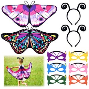 coopay 10 pieces kids butterfly wings costume with masquerade mask antenna headband for kids halloween party (rainbow and pink)