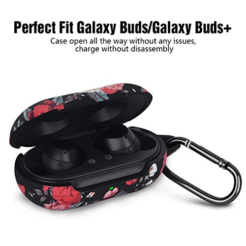 AIRSPO Silicone Case Cover for Galaxy Buds/Galaxy Buds+ Plus Full Protective Samsung Galaxy Earbuds Case with Carabiner Keychain 2020 Earbuds Accessories (Black Rose)