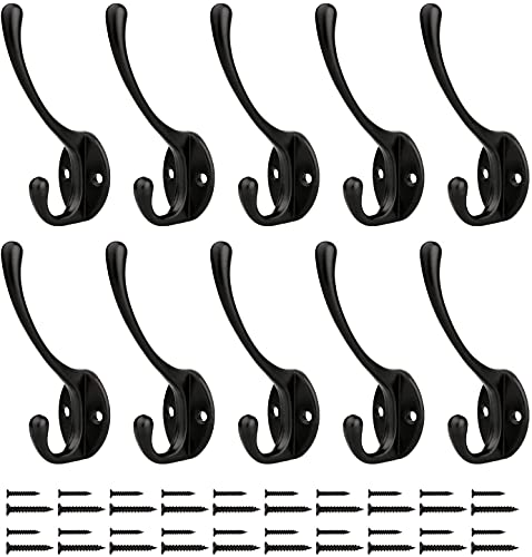 YIHATA 10 Pack Double Coat Hooks Hardware Black Wall Mounted Hanging Hook Heavy Duty for Towel, Bag, Cap, Scarf, Hat, Key