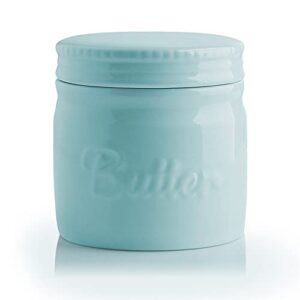 sweejar porcelain butter keeper crock, french butter dish with water line, ceramic butter container for soft butter (turquoise)