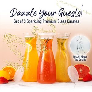 PRESTIGE Mimosa Bar Kit - Glass Carafe with Lids 27oz & Brunch Decor, Mimosa Pitcher w/Plastic Carafe Lid, Bubbly Juice Carafes for Mimosa Bar Supplies, Baby Bridal Shower (Mimosa Set (3 Carafes))