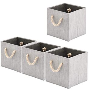 beigeswan foldable bamboo fabric storage bins [set of 4] with cotton rope handles, collapsible organizer boxes basket - 10.5 x 10.5 x11 inch (gray)
