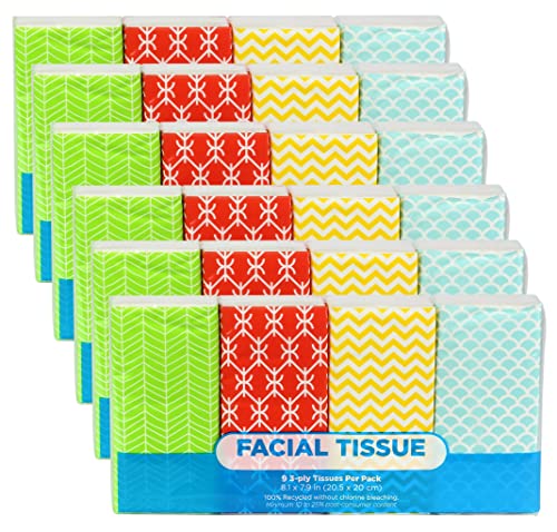 Funwares Pocket Sized White Car Travel School Work Facial Tissue, 24 Packs, 216 Total 3-Ply Tissue Sheets (9-3-Ply Tissue Sheets Per Pack), Geometric Print Designed Package