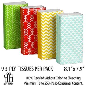 Funwares Pocket Sized White Car Travel School Work Facial Tissue, 24 Packs, 216 Total 3-Ply Tissue Sheets (9-3-Ply Tissue Sheets Per Pack), Geometric Print Designed Package