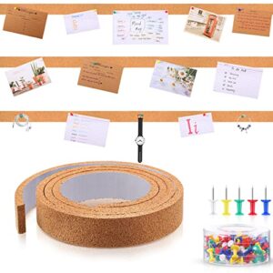 cork strips bulletin bar strips frameless cork board memo strip with 1 roll double-side tape and 100 multi-color map thumb tacks pushpins in 1 box for office, school and home (brown, 79 inch)