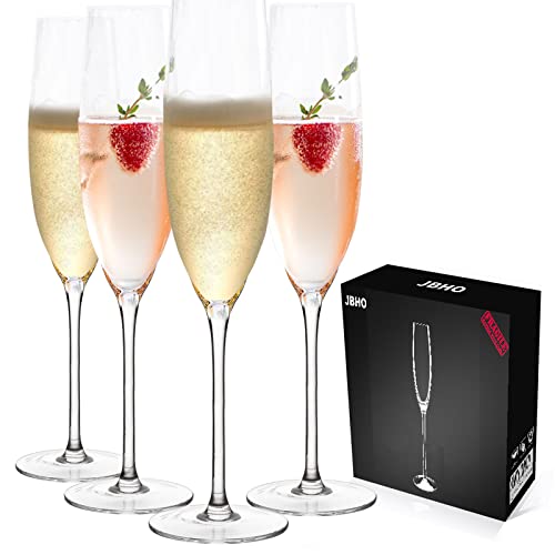 JBHO Champagne Glasses-Elegant Flutes-Gift-Box-Hand Blown Champagne Flutes Glass-100% Lead-Free Premium Crystal - Gift Idea for Wedding, Anniversary, Christmas,New Year-Set of 4-8oz, Clear