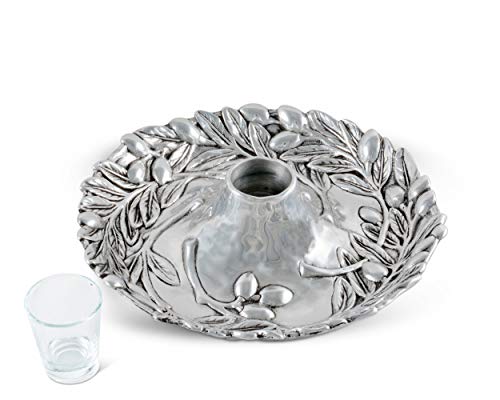 Arthur Court Aluminum Metal Olive Pattern Tidbit Cheese Hors d'oeuvres Tray with Glass for Toothpick - Outdoor Entertaining Platter Plate Aram 10.5 inch Diameter x 2 inch Tall