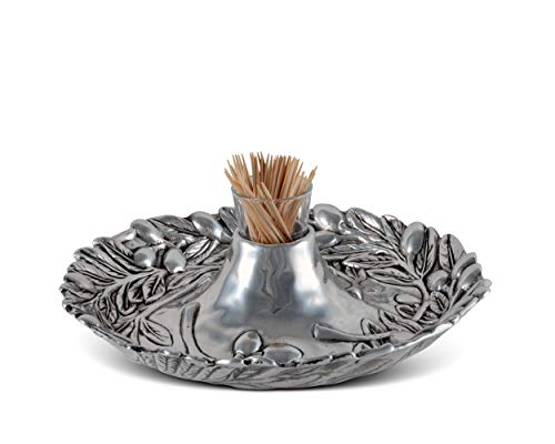 Arthur Court Aluminum Metal Olive Pattern Tidbit Cheese Hors d'oeuvres Tray with Glass for Toothpick - Outdoor Entertaining Platter Plate Aram 10.5 inch Diameter x 2 inch Tall