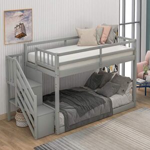 p purlove twin over twin junior's low bunk bed with storage stairs,wood floor bunk bed with storage for kids teens,floor twin size bunk bed with slat, no box spring need