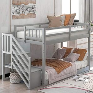 P PURLOVE Twin Over Twin Junior's Low Bunk Bed with Storage Stairs,Wood Floor Bunk Bed with Storage for Kids Teens,Floor Twin Size Bunk Bed with Slat, No Box Spring Need