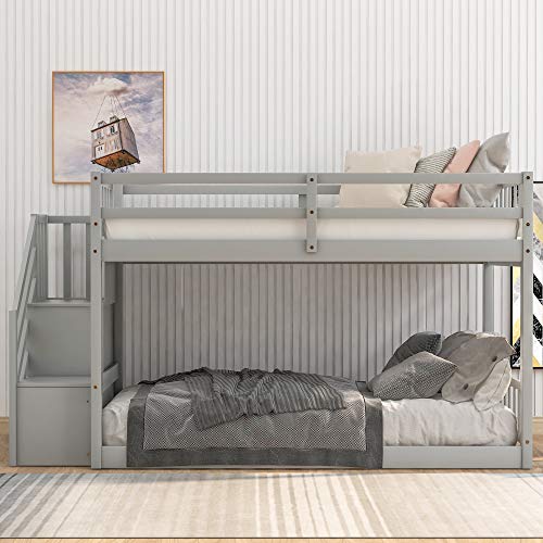 P PURLOVE Twin Over Twin Junior's Low Bunk Bed with Storage Stairs,Wood Floor Bunk Bed with Storage for Kids Teens,Floor Twin Size Bunk Bed with Slat, No Box Spring Need