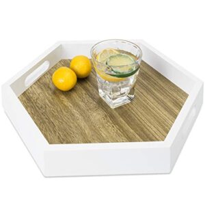 mygift hexagonal white wood decorative tray with handles and burnt wood base, geometric serving tray ottoman breakfast tray