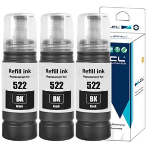 lcl compatible refill ink bottle replacement for 522 t522 t522120 et-2720 workforce et-4700 (3-pack, black)