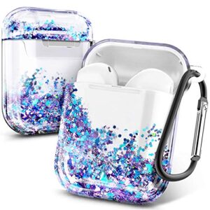 e-began glitter liquid case designed for airpods, sparkle flowing floating durable girls cute clear hard cover carrying case compatiable with apple airpods 1st/2nd -purple/blue