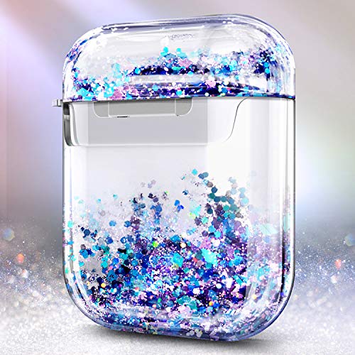 E-Began Glitter Liquid Case Designed for Airpods, Sparkle Flowing Floating Durable Girls Cute Clear Hard Cover Carrying Case Compatiable with Apple AirPods 1st/2nd -Purple/Blue