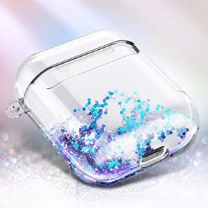 E-Began Glitter Liquid Case Designed for Airpods, Sparkle Flowing Floating Durable Girls Cute Clear Hard Cover Carrying Case Compatiable with Apple AirPods 1st/2nd -Purple/Blue