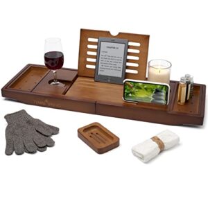 temple spring bath caddy - extendable bath tray for bathtub with candle, wine glass, book, ipad & phone holders - adjustable bath table shelf over tub with bathroom accessories - (wood brown)