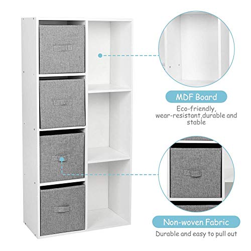 7 Cube Storage Organizer, Drawers and Cubes Shelves with 3 Open Cubes Bookcase and 4 Bins Drawers Storage Bookshelf Display for Bedroom Living Room Home Office, White