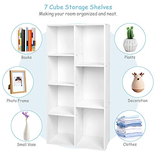 7 Cube Storage Organizer, Drawers and Cubes Shelves with 3 Open Cubes Bookcase and 4 Bins Drawers Storage Bookshelf Display for Bedroom Living Room Home Office, White