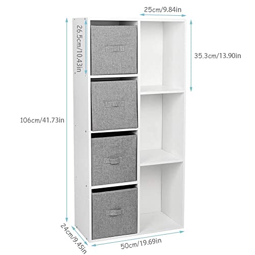 7 Cube Storage Organizer, Drawers and Cubes Shelves with 3 Open Cubes Bookcase and 4 Bins Drawers Storage Bookshelf Display for Bedroom Living Room Home Office, White