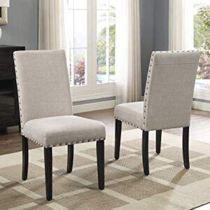 Roundhill Furniture Biony Tan Fabric Dining Chairs with Nailhead Trim, Set of 2 & Biony Fabric Dining Bench with Nailhead Trim, Tan