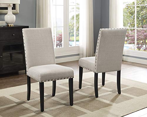 Roundhill Furniture Biony Tan Fabric Dining Chairs with Nailhead Trim, Set of 2 & Biony Fabric Dining Bench with Nailhead Trim, Tan