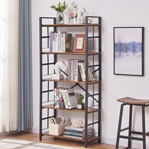 oiahomy industrial bookshelf，5-tier vintage bookcase and bookshelves，rustic wood and metal shelving unit，display rack and storage organizer for living room, rustic brown