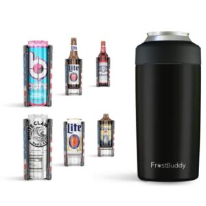 frost buddy universal can cooler - fits all - stainless steel can cooler for 12 oz & 16 oz regular or slim cans & bottles - stainless steel